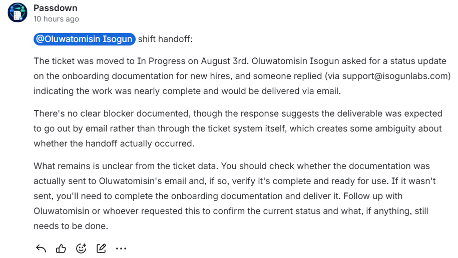 A real Passdown-authored comment on a Jira ticket: '@Oluwatomisin Isogun shift handoff:' followed by a plain-language summary of what happened during the shift.
