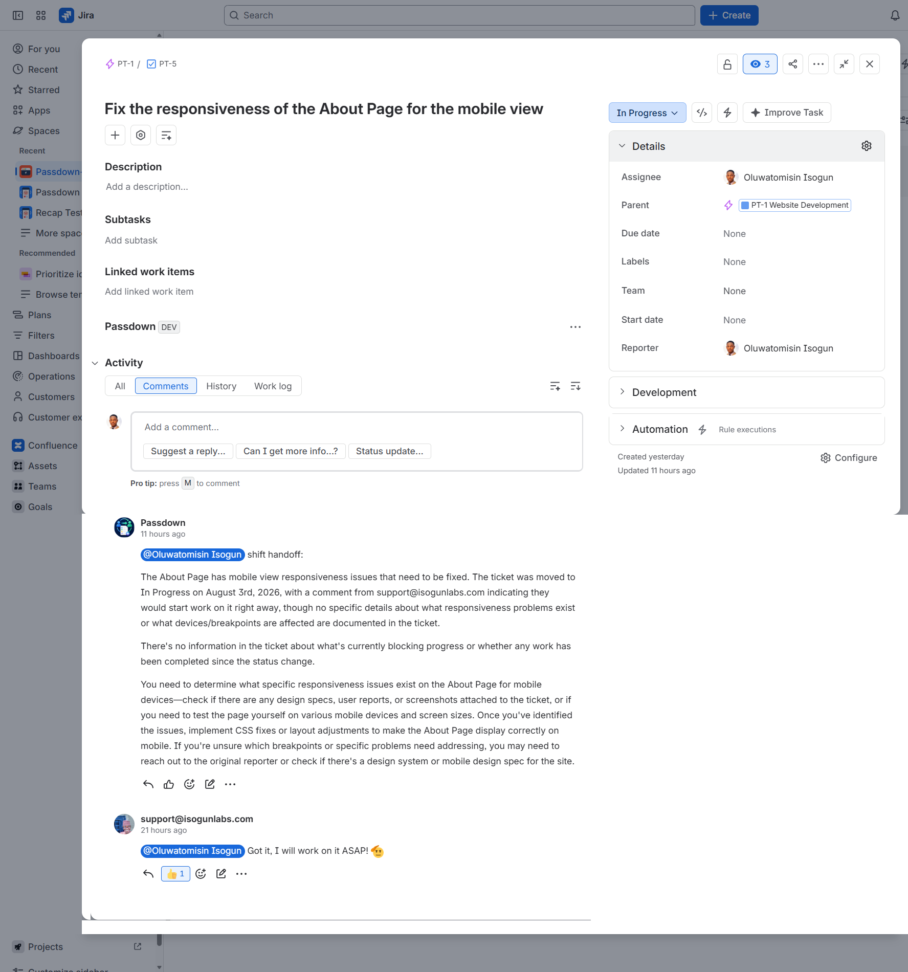 Real Passdown comment on ticket PT-5, 'Fix the responsiveness of the About Page for the mobile view', posted automatically at a shift boundary.