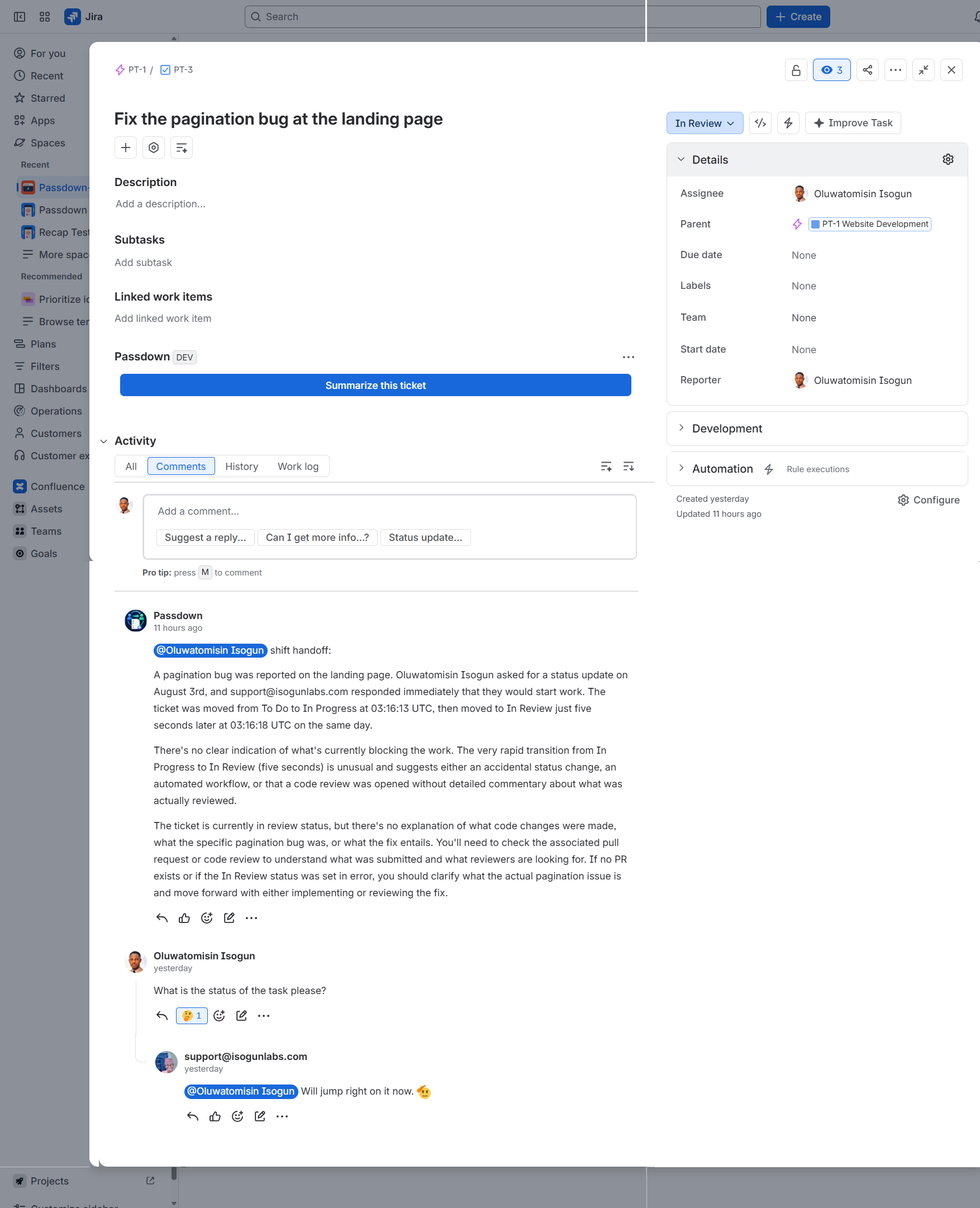 Real Passdown comment on ticket PT-3, 'Fix the pagination bug at the landing page', a generated brief specific to that ticket's own history.
