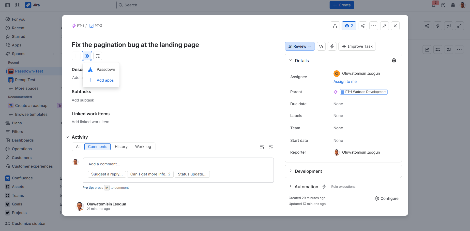 The on-demand 'Summarize this ticket' button in Passdown's panel on a real Jira ticket.