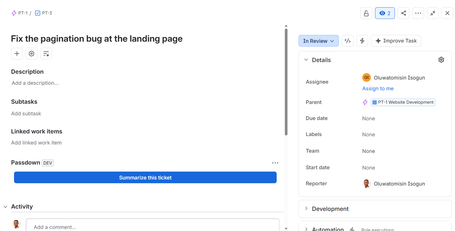 Passdown's on-demand summary panel on a real Jira ticket, showing a generated plain-language summary of the ticket's history.